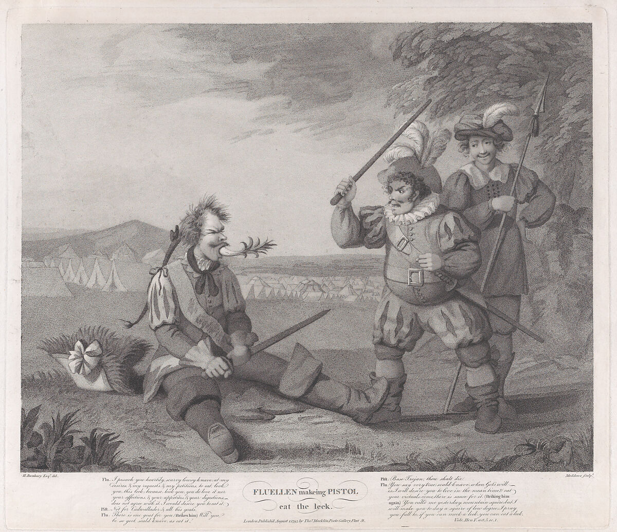Fluellen Making Pistol Eat the Leek (Shakespeare, Henry V, Act 5, Scene 1), Robert Mitchell Meadows (British, Cardigan, Wales 1780–1812), Stipple engraving and etching 