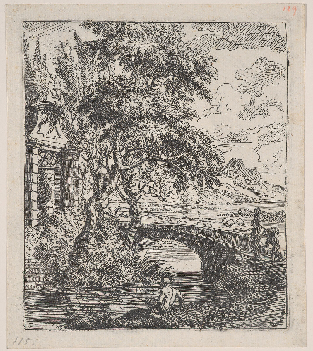 Plate 7: two figures at right about to cross a stone bridge, a fisherman in the foreground, from 'Landscapes in the manner of Gaspar Dughet', Franz Joachim Beich (German, Ravensburg 1665–1745 Munich), Etching; second state of two 
