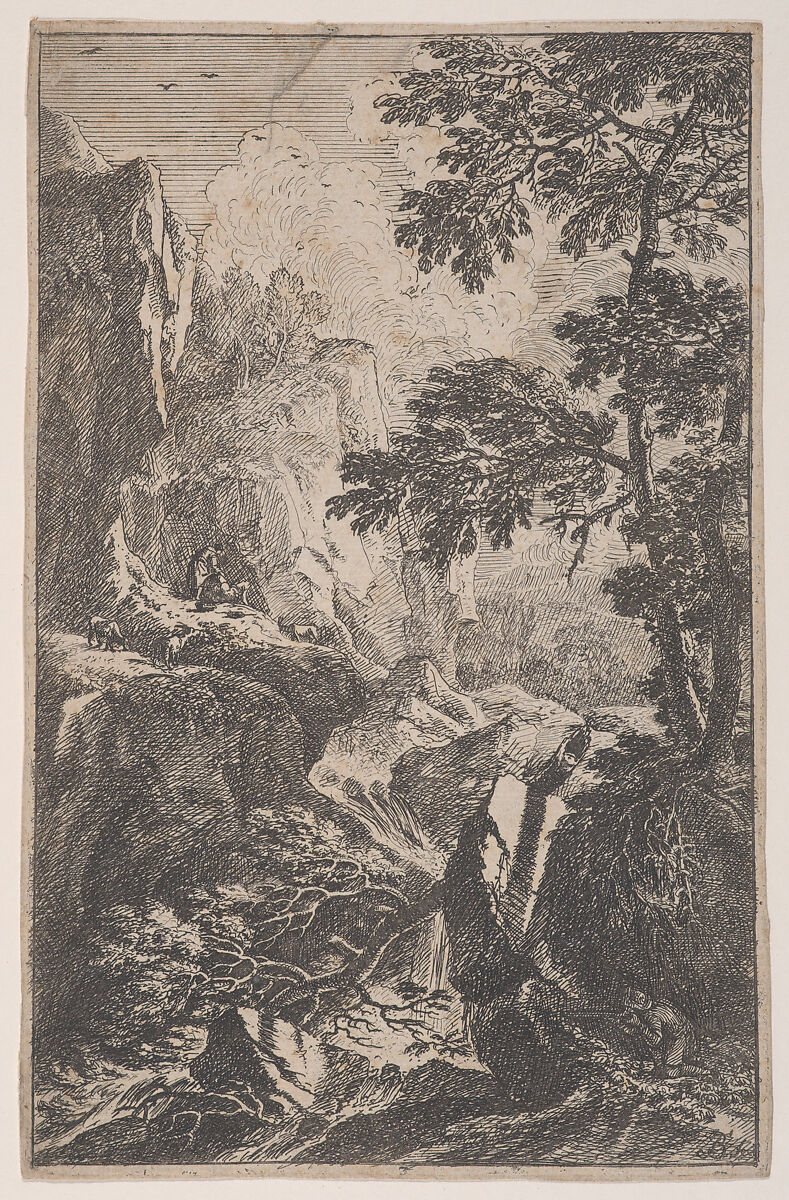 Plate 2: a hunter aiming with his gun, kneeling next to a large rock at right, a male figure with three chamois on a rock at left, from 'Landscapes in the manner of Salvator Rosa' (Die Landschaften in Sal. Rosa's), Franz Joachim Beich (German, Ravensburg 1665–1745 Munich), Etching; second state of three 