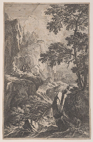 Plate 2: a hunter aiming with his gun, kneeling next to a large rock at right, a male figure with three chamois on a rock at left, from 'Landscapes in the manner of Salvator Rosa' (Die Landschaften in Sal. Rosa's)