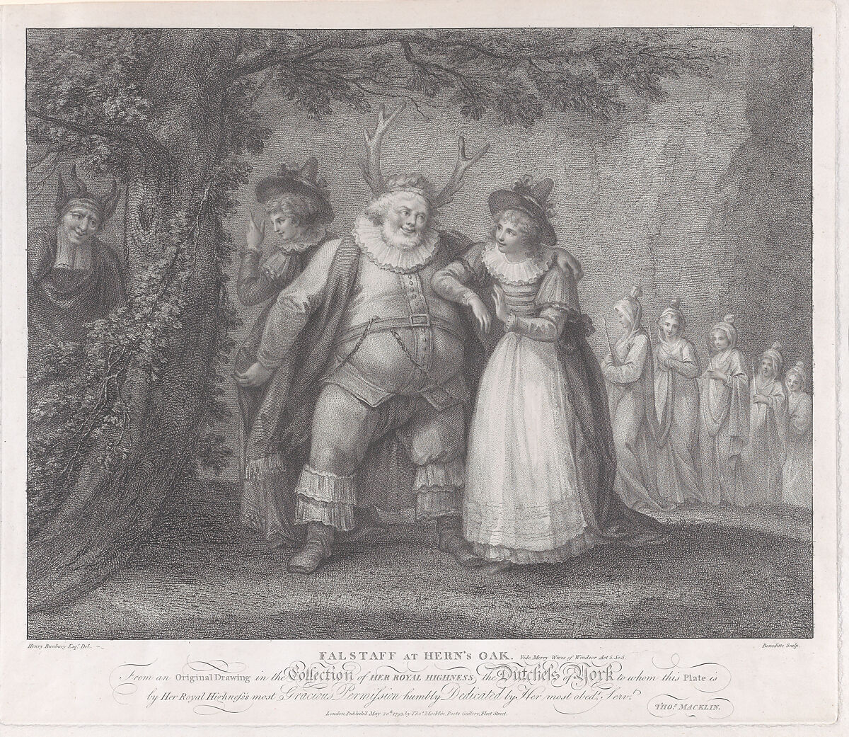 Falstaff at Herne's Oak (Shakespeare, Merry Wives of Windsor, Act 5, Scene 5), Michele Beneditti (British, 1745–1810 Vienna), Stipple engraving and etching 