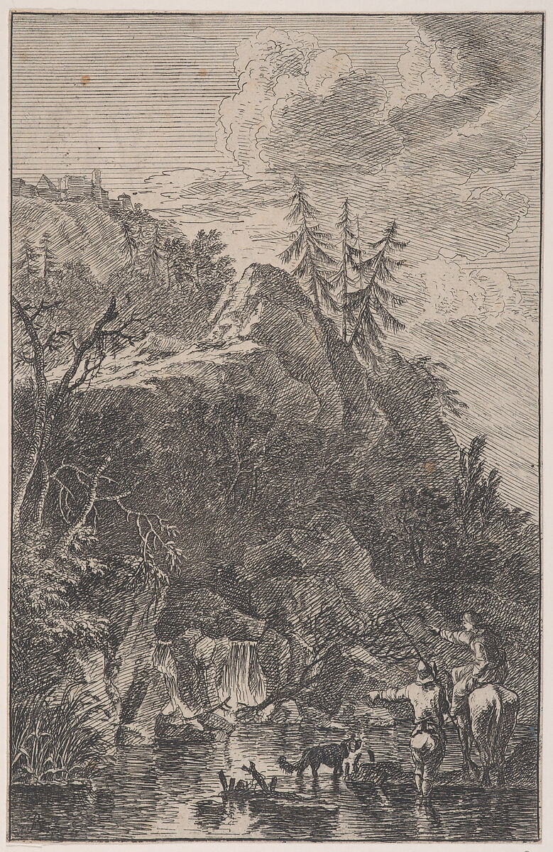 Plate 5: female figure on horseback and a male figure with a dog standing in a stream, pointing to a waterfall at left in the background, from 'Landscapes in the manner of Salvator Rosa' (Die Landschaften in Sal. Rosa's), Franz Joachim Beich (German, Ravensburg 1665–1745 Munich), Etching; third state of three 