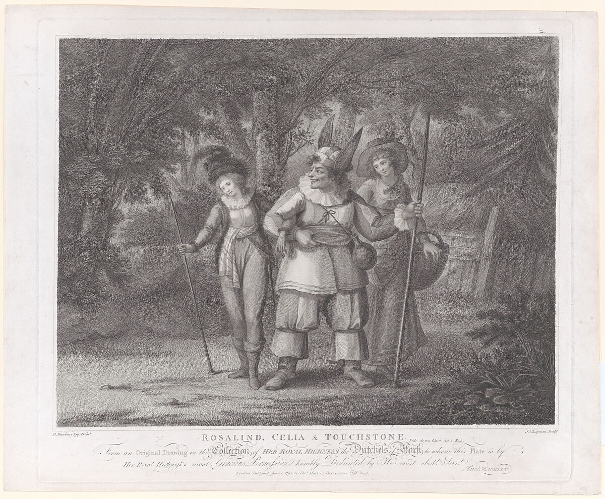 Rosalind, Celia & Touchstone (Shakespeare, As You Like It, Act 2, Scene 2), John Chapman (British, active 1792–1823), Stipple engraving and etching 