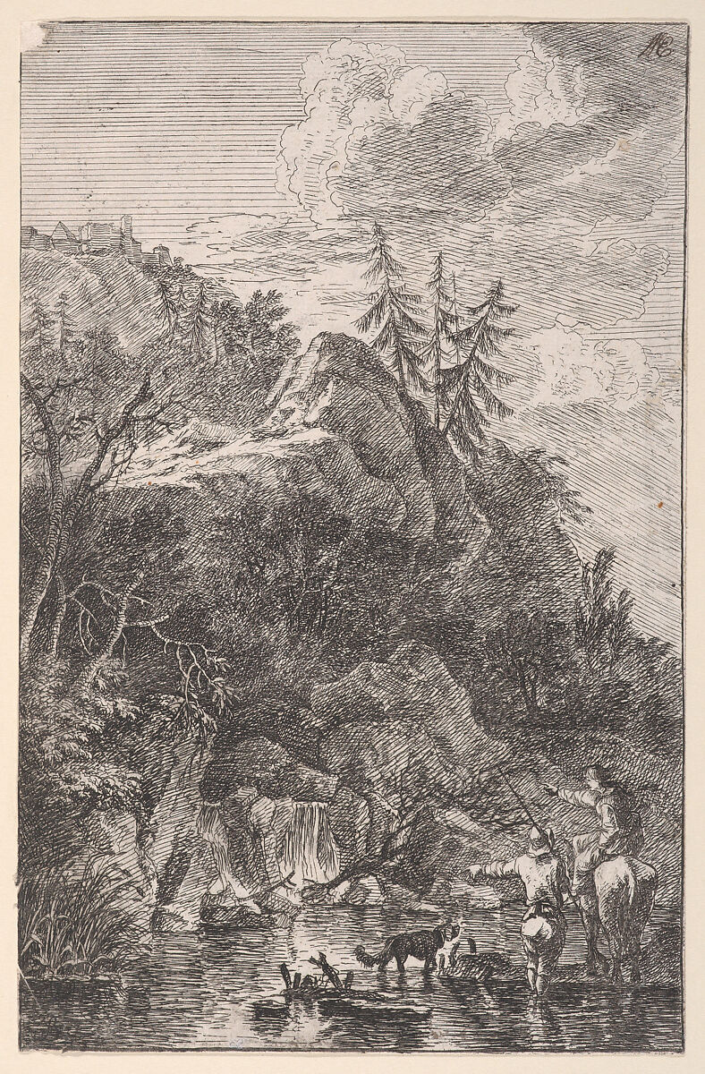 Plate 5: female figure on horseback and a male figure with a dog standing in a stream, pointing to a waterfall at left in the background, from 'Landscapes in the manner of Salvator Rosa' (Die Landschaften in Sal. Rosa's), Franz Joachim Beich (German, Ravensburg 1665–1745 Munich), Etching 