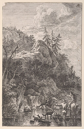 Plate 5: female figure on horseback and a male figure with a dog standing in a stream, pointing to a waterfall at left in the background, from 'Landscapes in the manner of Salvator Rosa' (Die Landschaften in Sal. Rosa's)