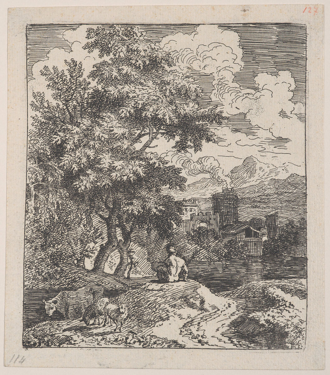 Plate 3: a shepherd seated on a hill, a cow and two sheep at left, and a town in right background, from 'Landscapes in the manner of Gaspar Dughet', Franz Joachim Beich (German, Ravensburg 1665–1745 Munich), Etching; second state of two 