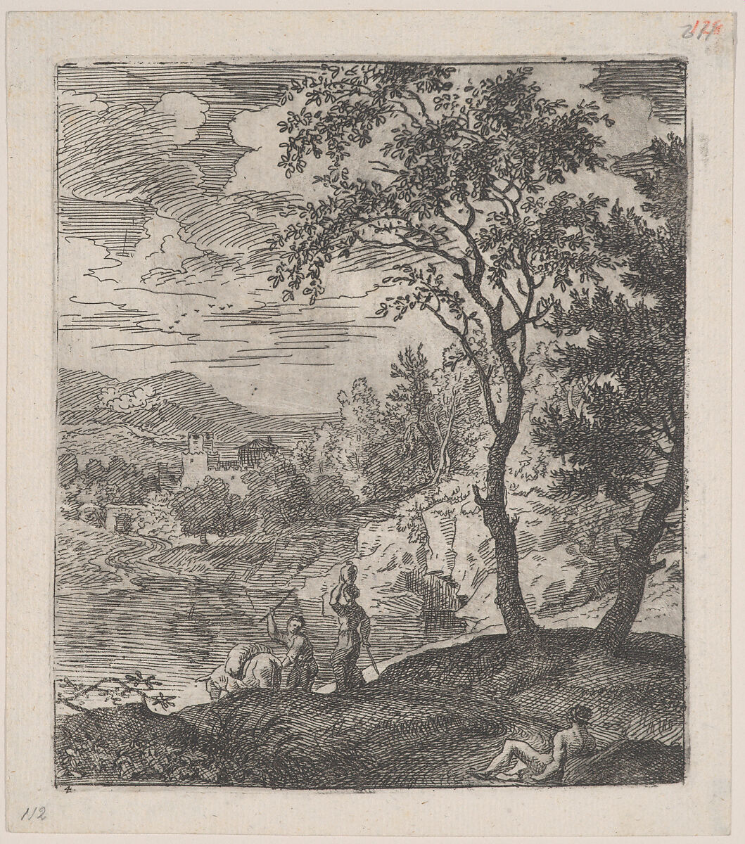 Plate 4: a peasant with a donkey on a riverbank, a woman walking towards him with a vase on her head, and a reclining figure at right in the foreground, from 'Landscapes in the manner of Gaspar Dughet', Franz Joachim Beich (German, Ravensburg 1665–1745 Munich), Etching; second state of two 