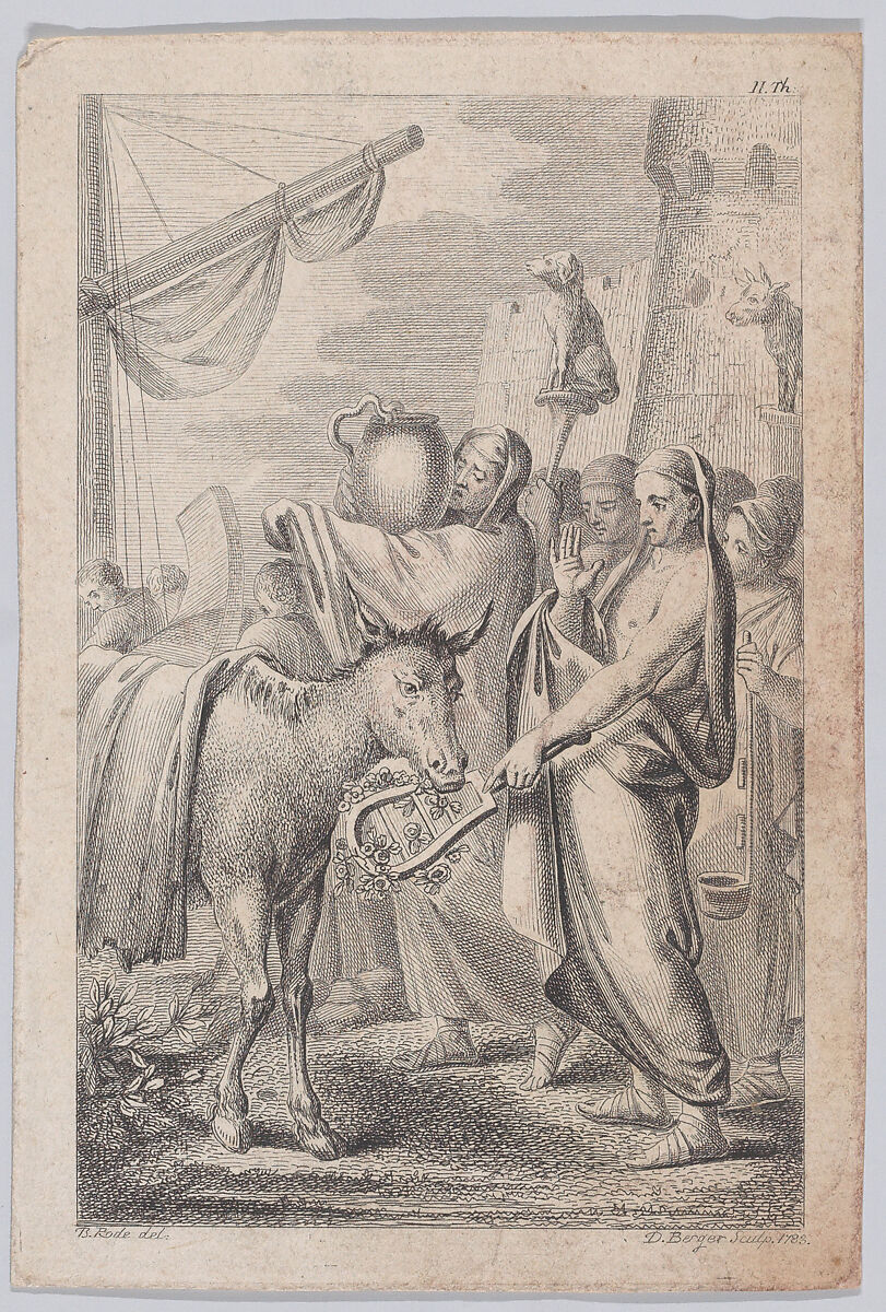 Figures at right near a ship, some holding up animals over their heads, a horse at left, Daniel Berger (German, 1744–1824), Etching and engraving 