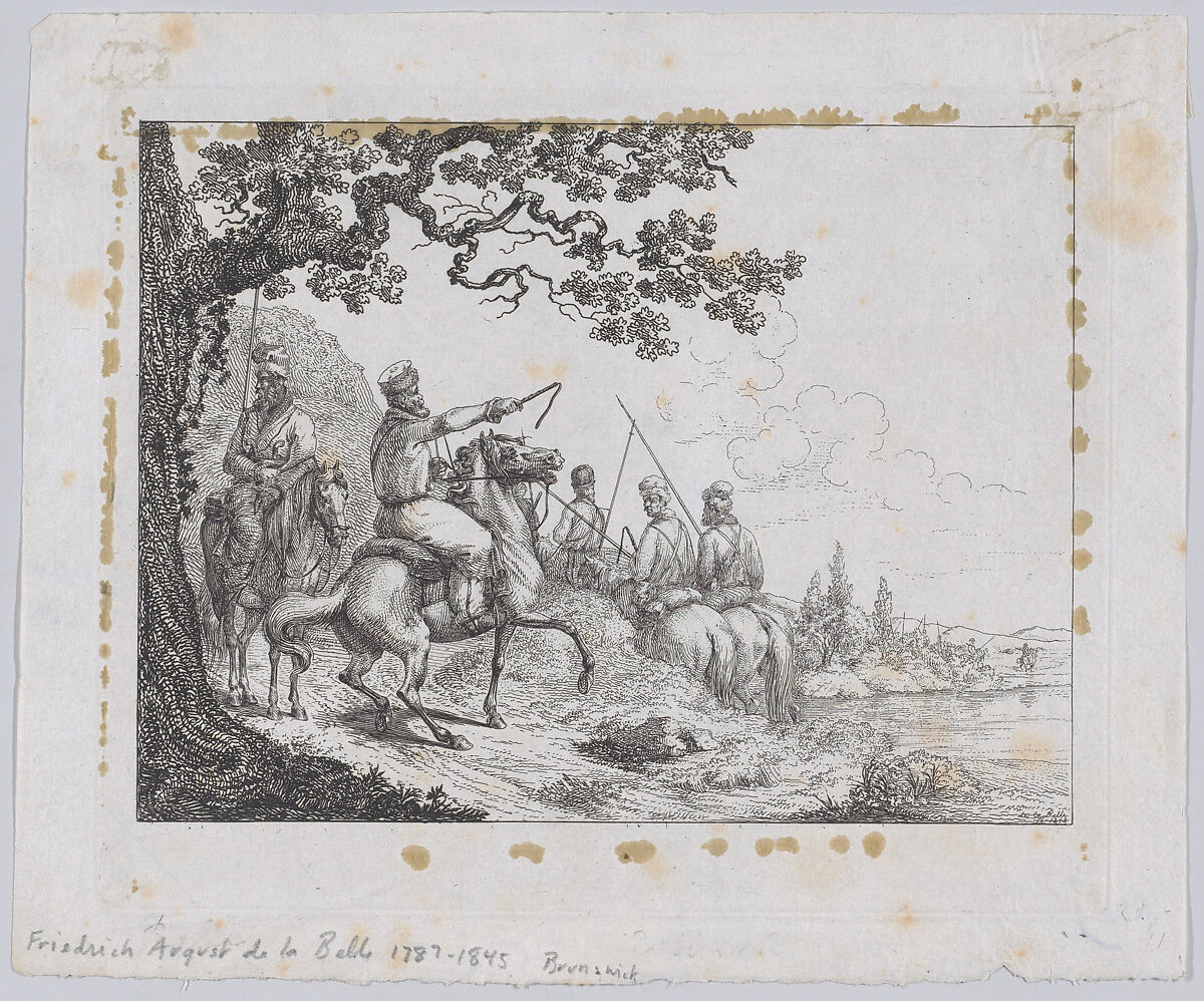 Cossacks riding along a riverbank, Friedrich August de La Belle (German, 1787–1845), Etching 