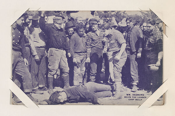 Wm. Desmond whips the lumber camp bully from Western Stars or Scenes Exhibit Cards series (W412), Commercial color photolithograph 