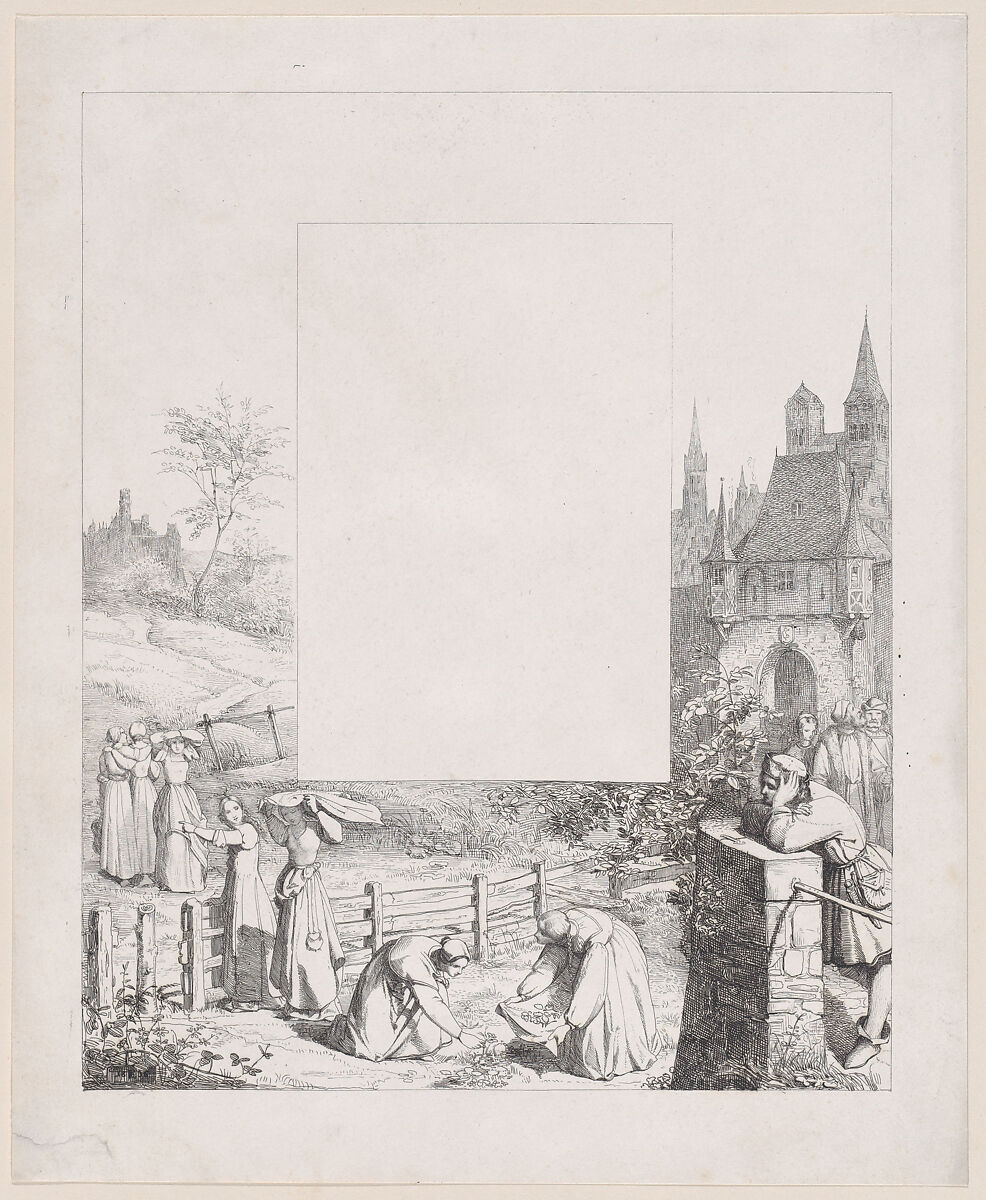 Plate 5: women collecting plants and carrying them over their heads, a male onlooker at right and a castle at right in the background, from "Lieder eines Malers mit Randzeichnungen seiner Freunde", Eduard Julius Friedrich Bendemann (German, Berlin 1811–1889 Düsseldorf), Etching 