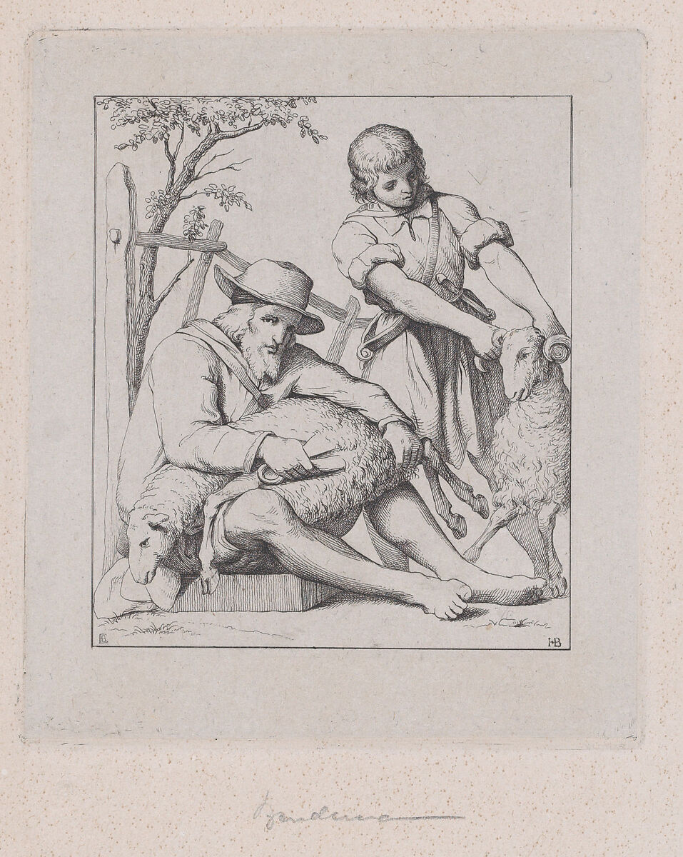 Two men sheep shearing, Eduard Julius Friedrich Bendemann (German, Berlin 1811–1889 Düsseldorf), Etching 