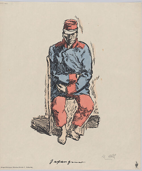 Prisoner (Gefangener), from 'Kriegsbilderbogen Münchner Künstler', René Beeh (German, Strasbourg, Germany 1886–1922 Strasbourg, France), Hand-colored lithograph 