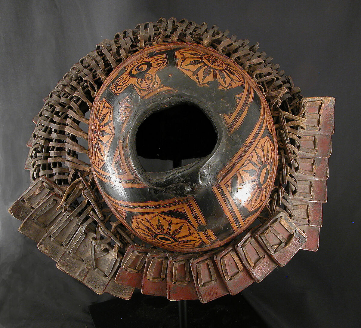 Helmet, Leather, lacquer, Yi or Nuosu people (Lolo)