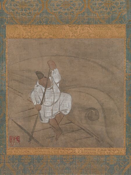 Boatman Polling a Raft, Ogata Kōrin (Japanese, 1658–1716), Hanging scroll; ink and color on paper, Japan