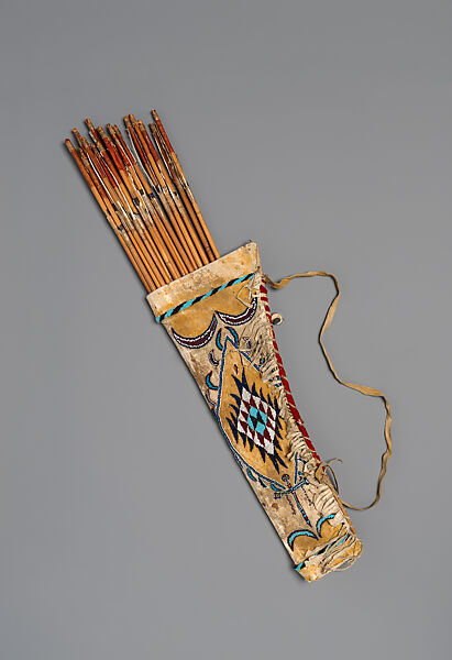 Quiver and arrows, Quiver: tanned leather, glass beads, and pigment
arrows: cane, wood, pitch, stone, sinew, and feathers, Apache, Native American