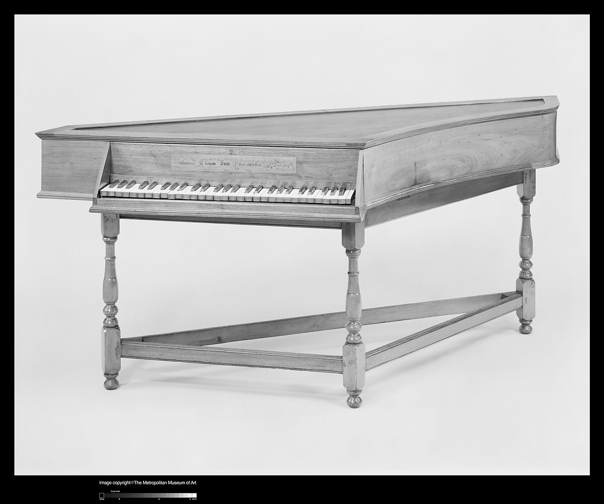 Spinet, Johannes Gottlob Clemm (1690–1762), Walnut, maple, yellow pine, Atlantic white cedar, American 