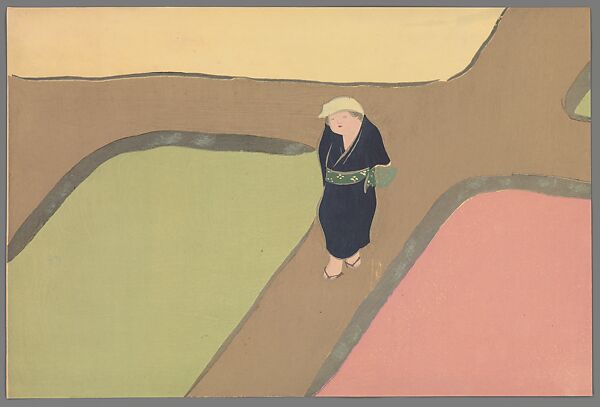 “Rice Paddies in Spring” (Haru no tanomo), from Flowers of a Hundred Worlds (Momoyogusa), Kamisaka Sekka (Japanese, 1866–1942), Polychrome woodblock print; ink and color on paper, Japan 