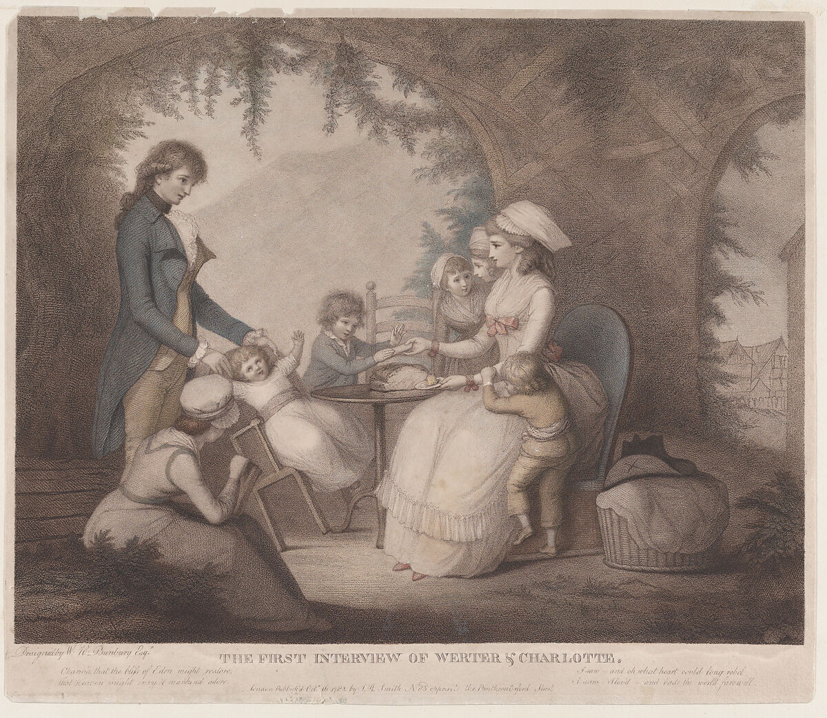 The First Interview of Werther and Charlotte, John Raphael Smith (British, baptized Derby 1751–1812 Doncaster), Stipple and etching with hand-coloring 