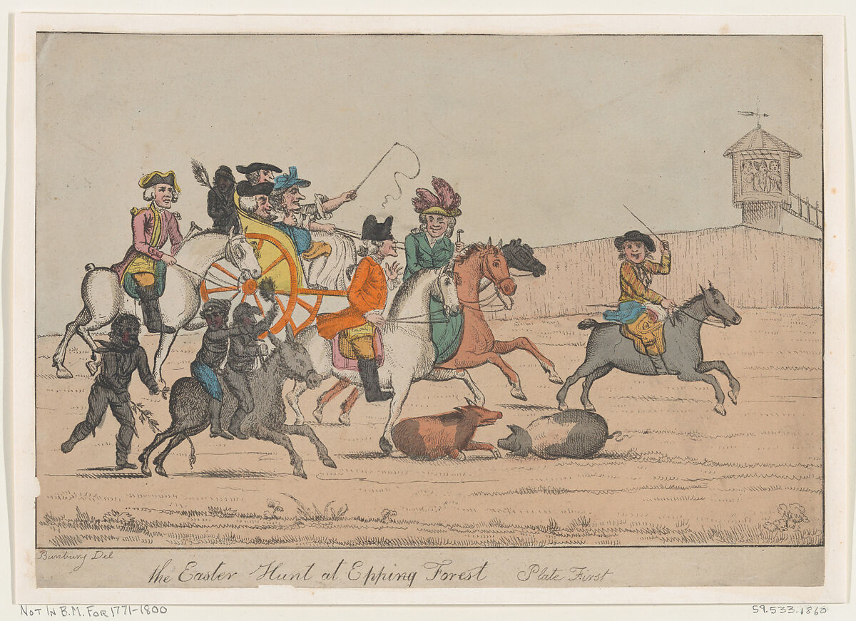 The Easter Hunt at Epping Forest, Plate First, After Henry William Bunbury (British, Mildenhall, Suffolk 1750–1811 Keswick, Cumberland), Hand-colored etching 