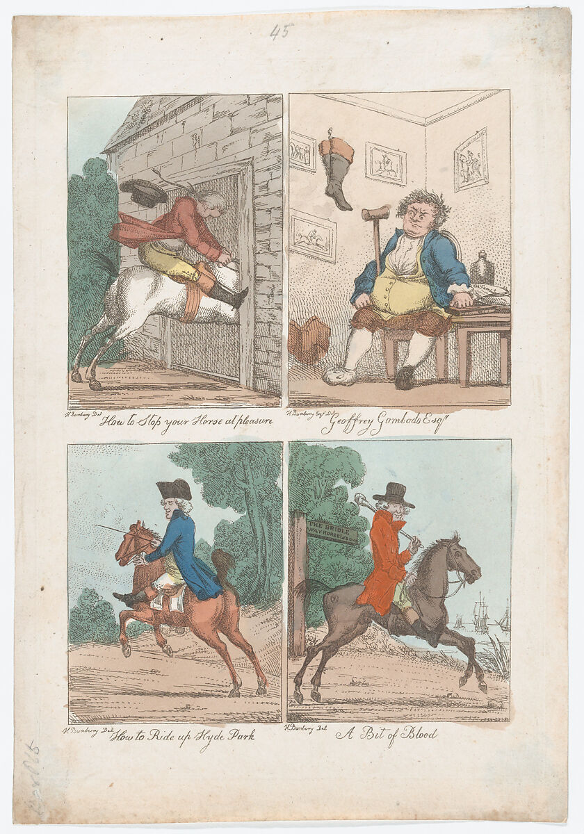 Four Scenes: How to Stop your Horse at Pleasure; Geoffrey Gombado Esq-r.; How to Ride up Hyde Park; A Bit of Blood, After Henry William Bunbury (British, Mildenhall, Suffolk 1750–1811 Keswick, Cumberland), Hand-colored etching 