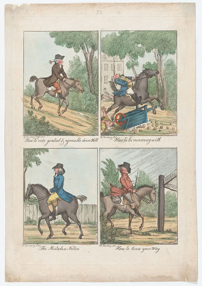 Four Scenes: How to Ride Genteel & Agreeable Down Hill; How to be Run Away With; The Mistaken Notion; How to Loose Your Way, After Henry William Bunbury (British, Mildenhall, Suffolk 1750–1811 Keswick, Cumberland), Hand-colored etching 