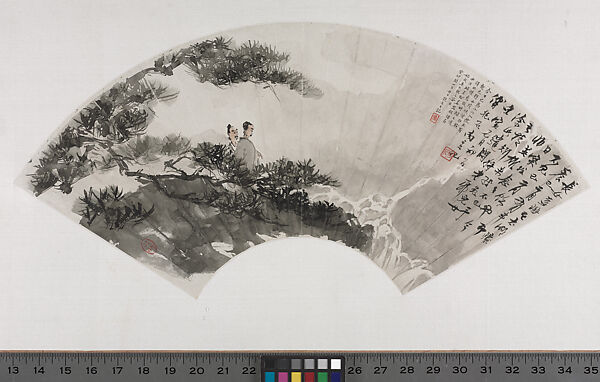 Set of Fan Paintings
Leaf 1: Gazing at a Waterfall in the Shade of Pines, Fu Baoshi (Chinese, 1904–1965), Leaf 1 from a set of 12 fan paintings mounted as album leaves; ink and color on paper, China 