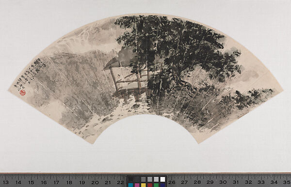 Set of Fan Paintings
Leaf 2:  Listening to the Waterfall, Fu Baoshi (Chinese, 1904–1965), Leaf 2 from a set of 12 fan paintings mounted as album leaves; ink and color on paper, China 