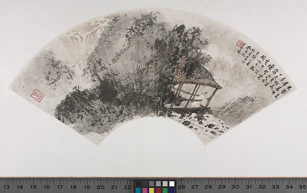 Set of Fan Paintings
Leaf 4:  Listening to the Waterfall, Fu Baoshi (Chinese, 1904–1965), Leaf 4 from a set of 12 fan paintings mounted as album leaves; ink and color on paper, China 