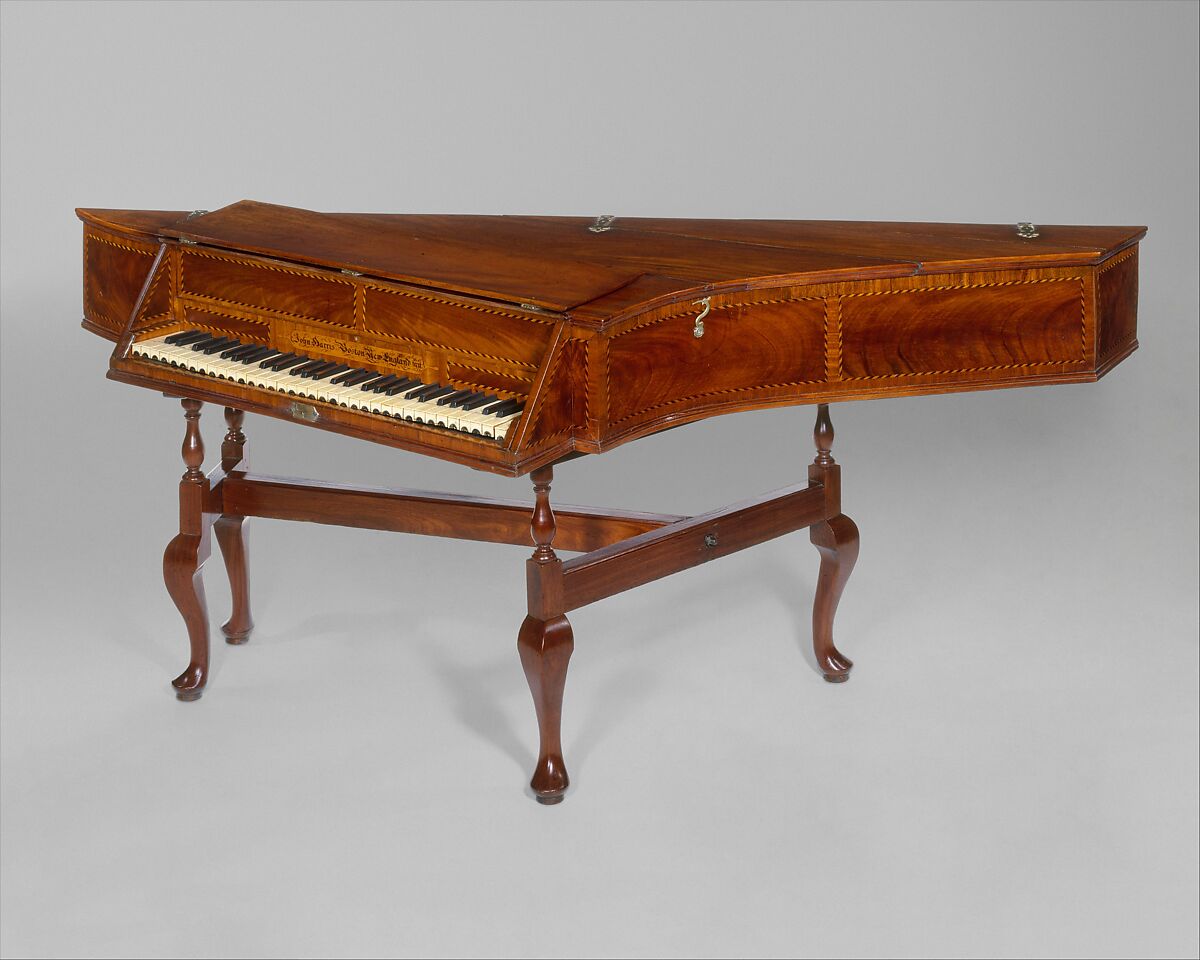 Bentside spinet, John Harris (active ca. 1730–69), Mahogany, mahogany veneer, white oak,
birch, maple, cherry, white cedar, white pine, American 