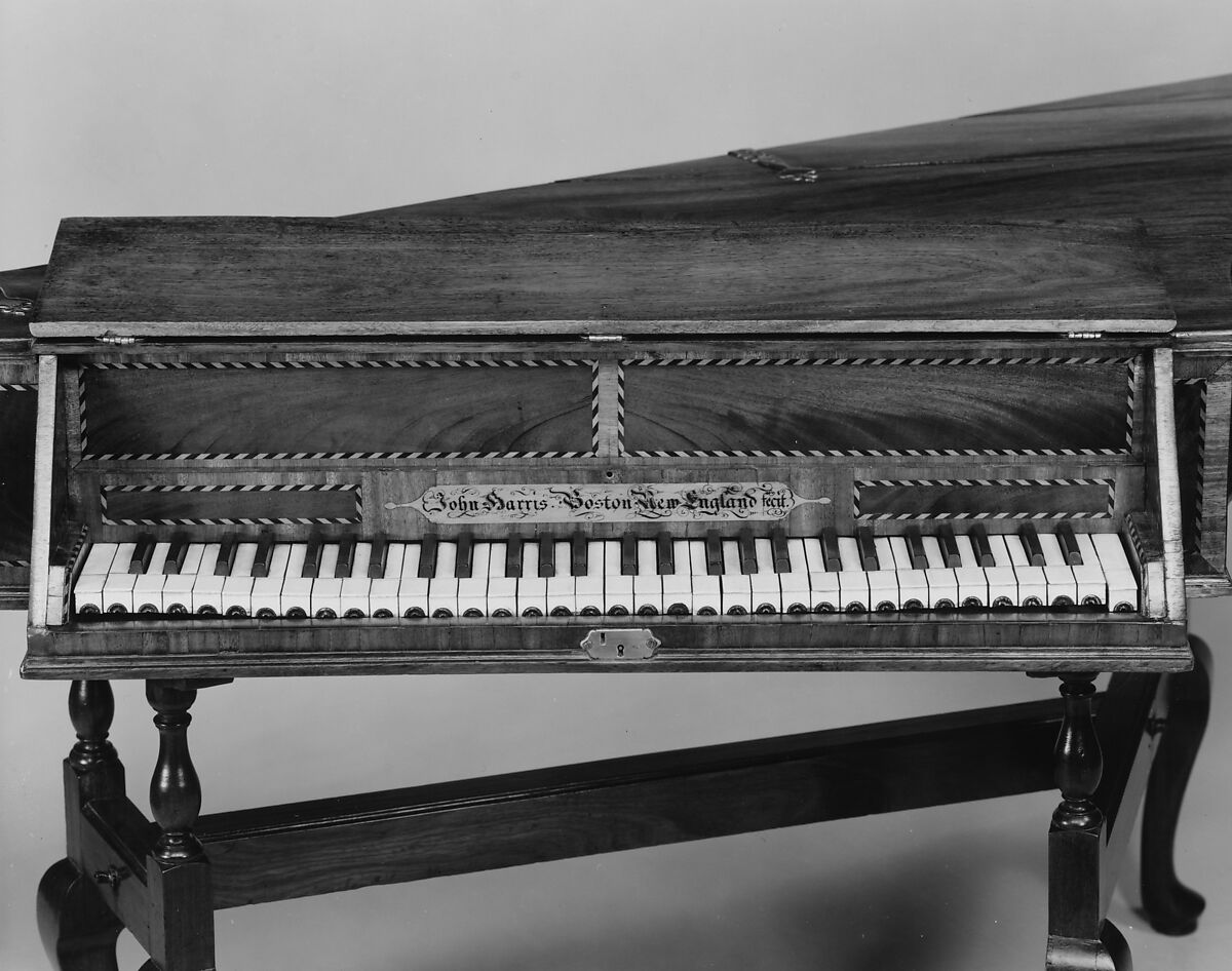 Bentside spinet, John Harris (active ca. 1730–69), Mahogany, mahogany veneer, white oak,
birch, maple, cherry, white cedar, white pine, American