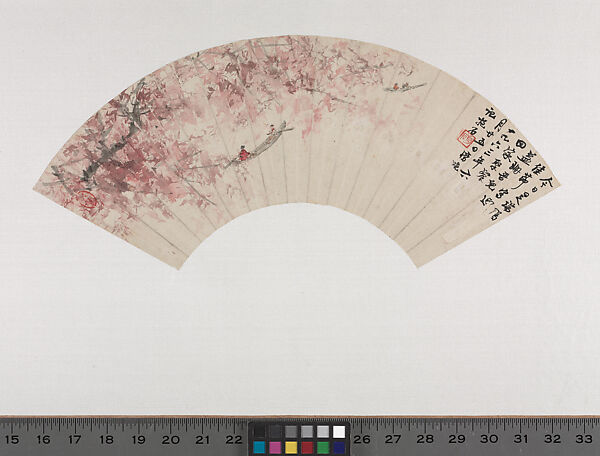 Set of Fan Paintings
Leaf 5:  Boating in a Spring River, Fu Baoshi (Chinese, 1904–1965), Leaf 5 from a set of 12 fan paintings mounted as album leaves; ink and color on paper, China 