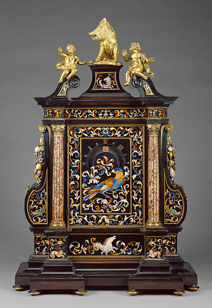 Pietre Dure Night Clock, Case and hardstone mosaics by Giovanni Battista Foggini (Italian, Florence 1652–1725 Florence), Ebony, bronze (gilded), semiprecious stones (chalcedony, jasper,
lapis lazuli, verde d’Arno), Italian, Florence 