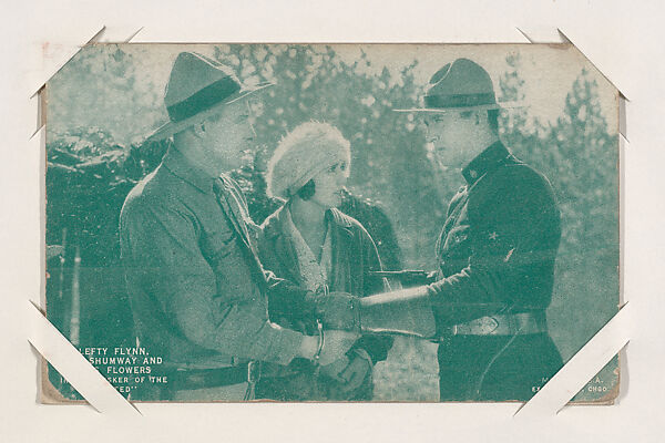 Lefty Flynn, Lee Shumway and Bess Flowers in "Glenister of the Mounted" from Western Stars or Scenes Exhibit Cards series (W412), Exhibit Supply Company, Commercial color photolithograph 