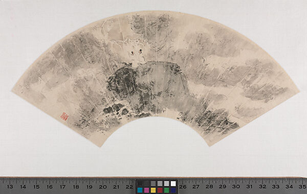 Set of Fan Paintings
Leaf 11:  Two Elders Gazing at the Waterfall, Fu Baoshi (Chinese, 1904–1965), Leaf 11 from a set of 12 fan paintings mounted as album leaves; ink and color on paper, China 