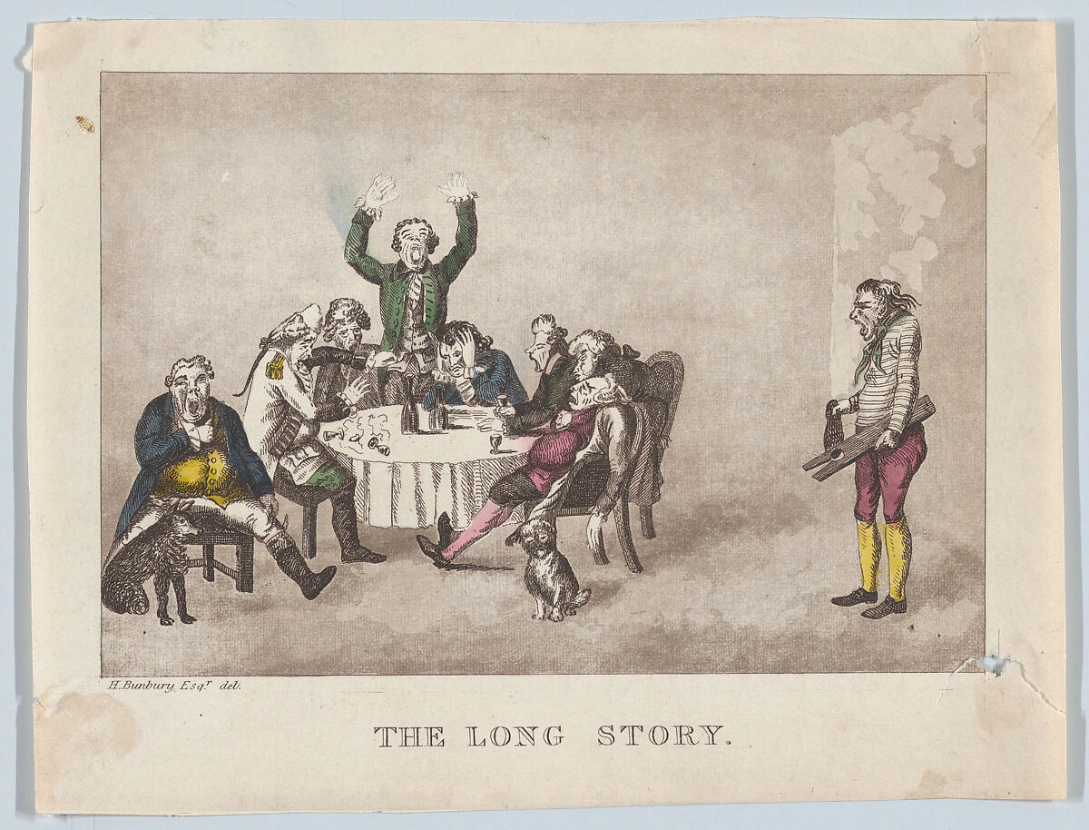 The Long Story, After Henry William Bunbury (British, Mildenhall, Suffolk 1750–1811 Keswick, Cumberland), Hand-colored aquatint 