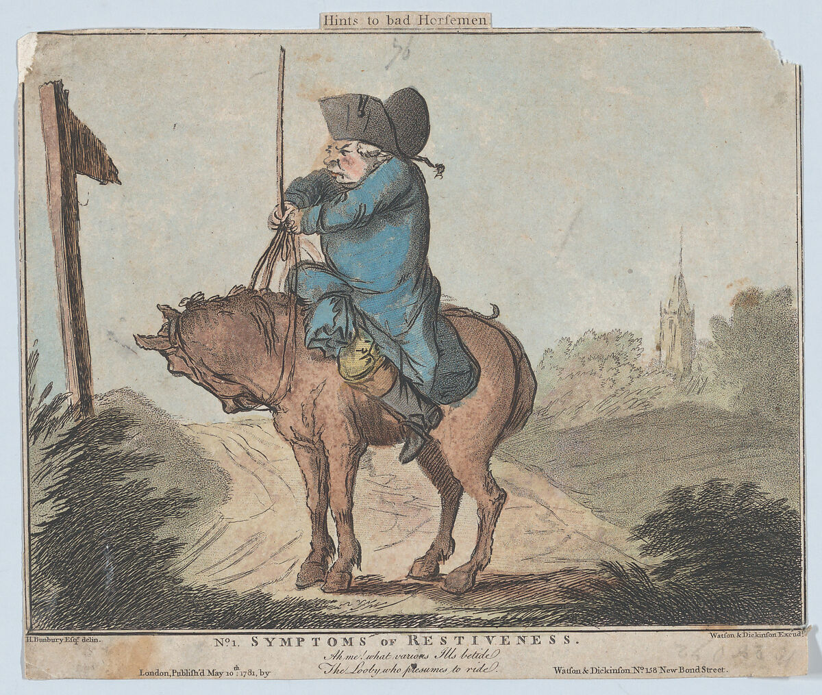 Hints to Bad Horsemen, No. 1: Symptoms of Restiveness, After Henry William Bunbury (British, Mildenhall, Suffolk 1750–1811 Keswick, Cumberland), Hand-colored etching 