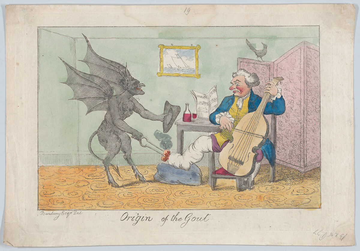 Origin of the Gout, After Henry William Bunbury (British, Mildenhall, Suffolk 1750–1811 Keswick, Cumberland), Hand-colored etching 