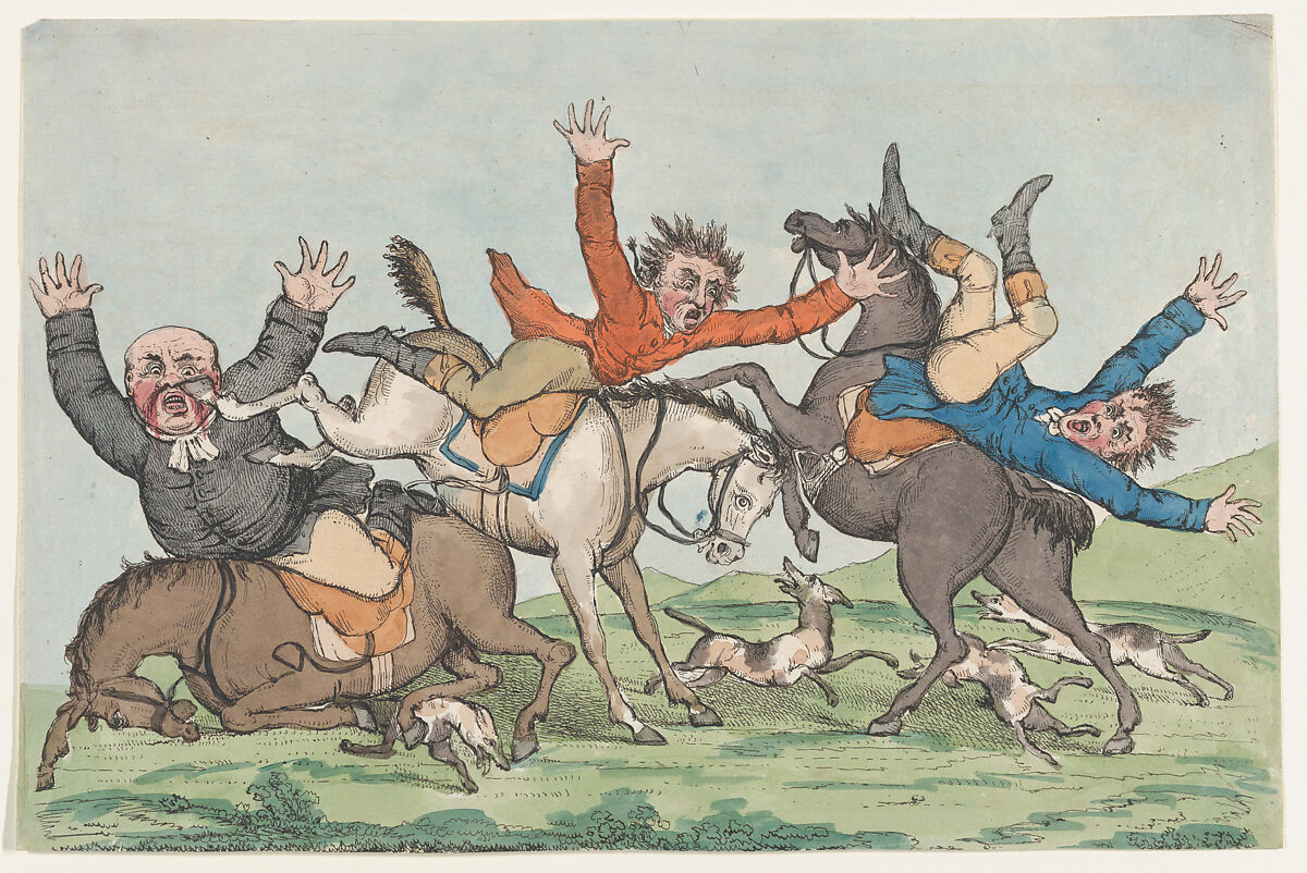 Three Riders Fall from their Mounts, After (?) Henry William Bunbury (British, Mildenhall, Suffolk 1750–1811 Keswick, Cumberland), Hand-colored etching 