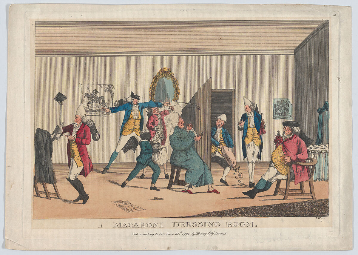 A Macaroni Dressing Room, I.W. (British, active 1772), Hand-colored etching 