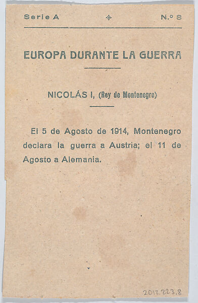 Nicholas I, King of Montenegro, from "Europe During the War", Anonymous, 20th century, Commercial color lithograph