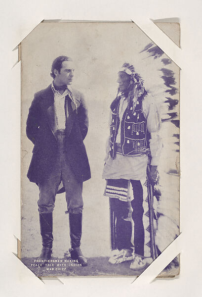 Frontiersmen Making Peace Talk with Indian War Chief from Western Stars or Scenes Exhibit Cards series (W412), Commercial color photolithograph 