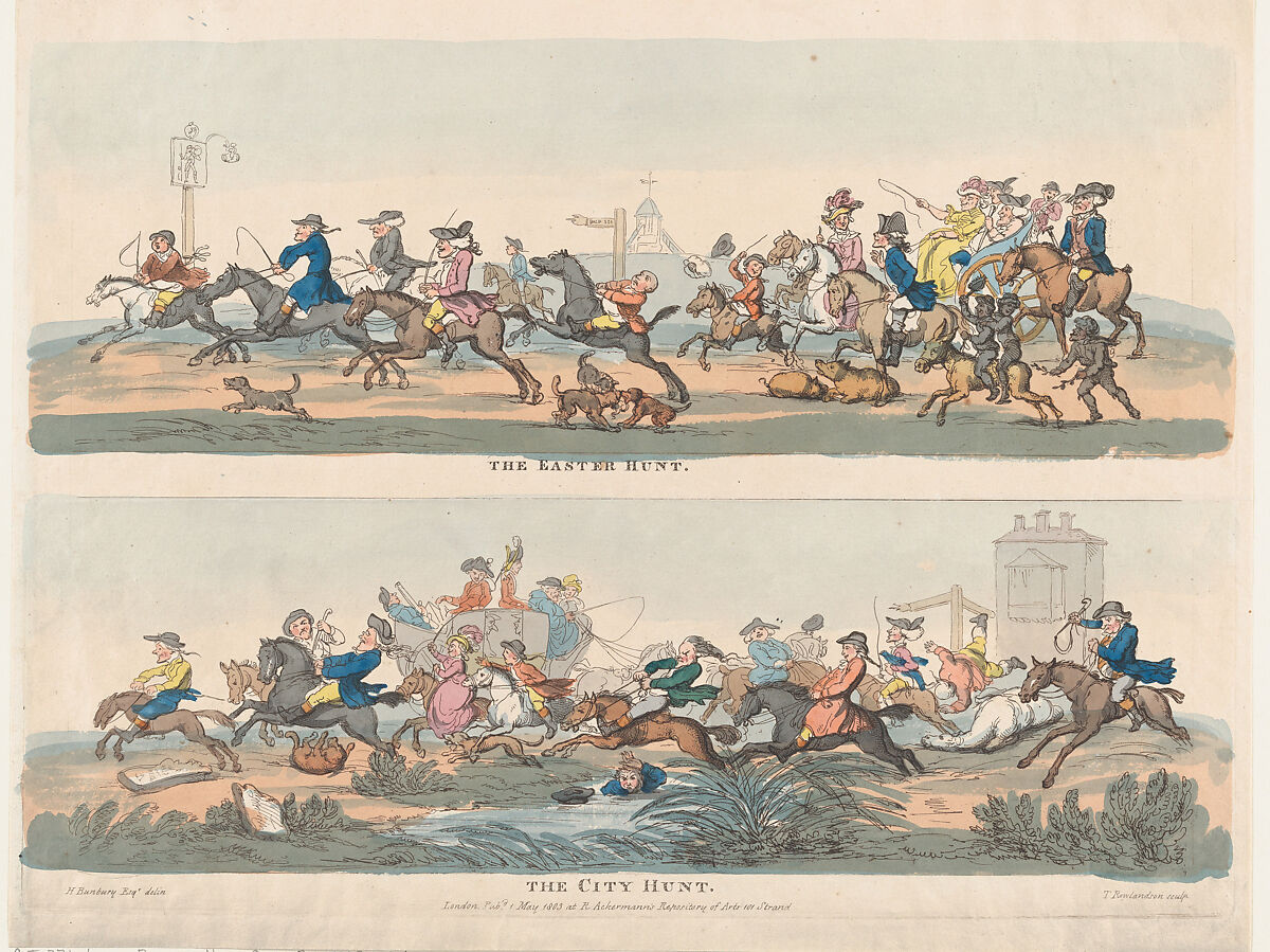 The Easter Hunt and The City Hunt, Thomas Rowlandson (British, London 1757–1827 London), Hand-colored etching 