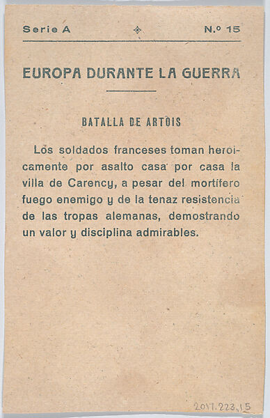 Battle of Artois, from "Europe During the War", Anonymous, 20th century, Commercial color lithograph