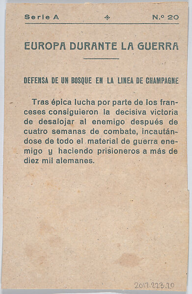 Defense of a forest in the front line at Champagne, from "Europe During the War", Anonymous, 20th century, Commercial color lithograph