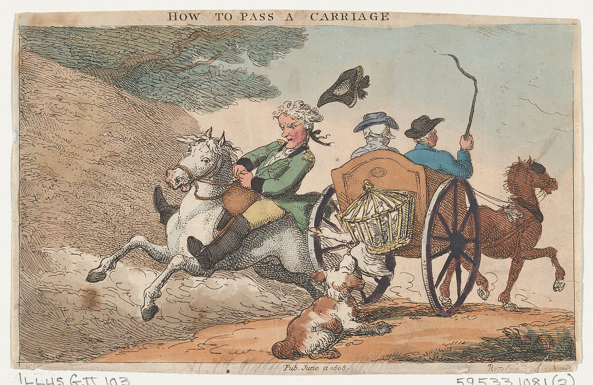 How to Pass a Carriage, Thomas Rowlandson (British, London 1757–1827 London), Hand-colored etching 