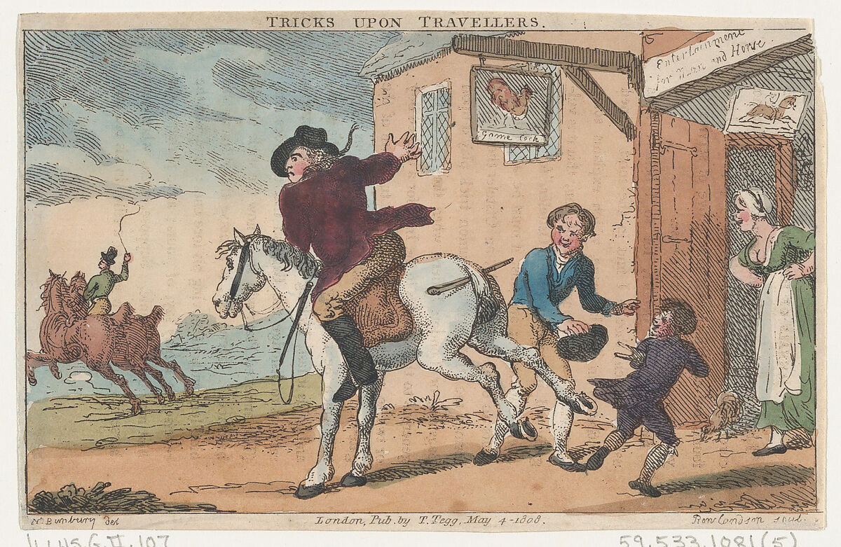 Tricks Upon Travellers, Thomas Rowlandson (British, London 1757–1827 London), Hand-colored etching 