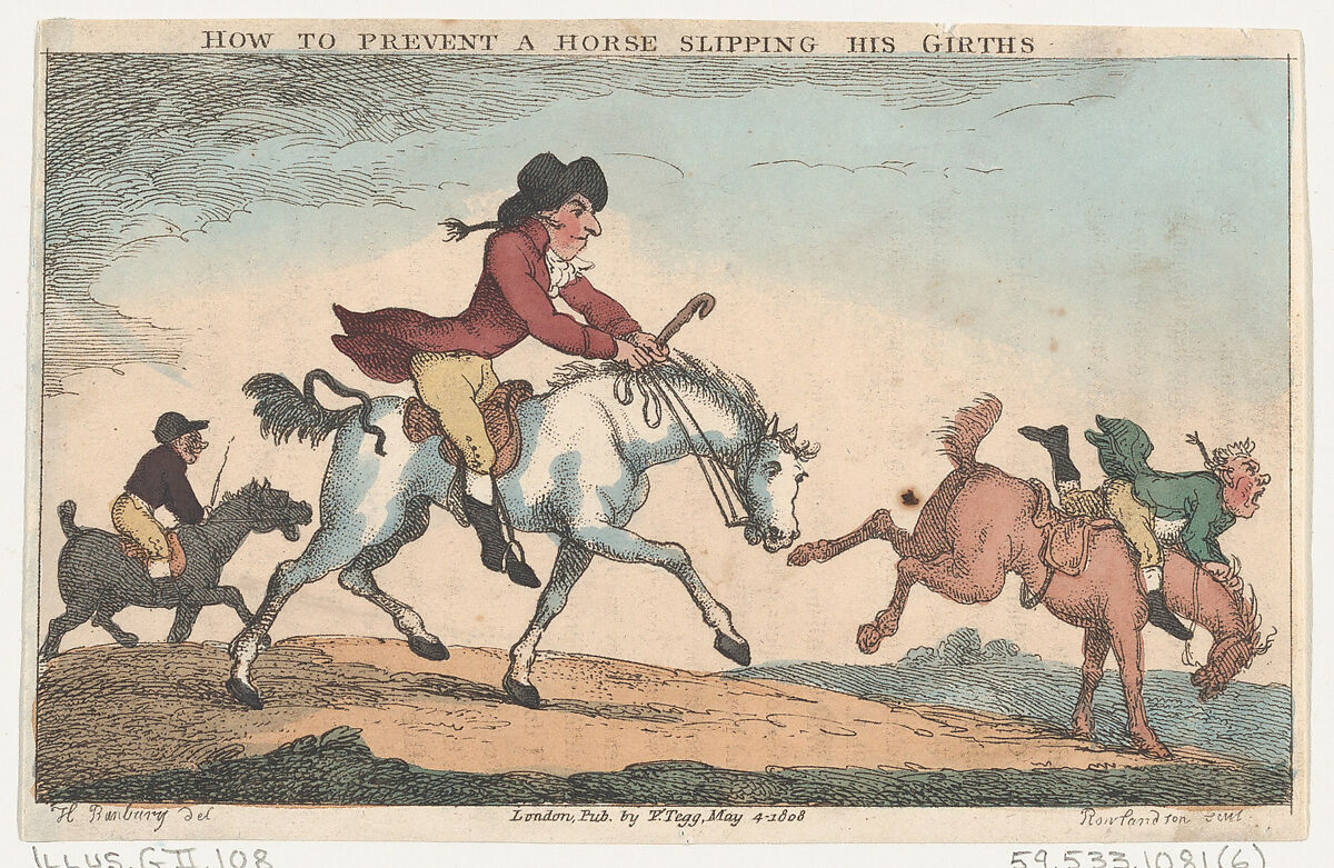How to Prevent a Horse From Slipping His Girths, Thomas Rowlandson (British, London 1757–1827 London), Hand-colored etching 