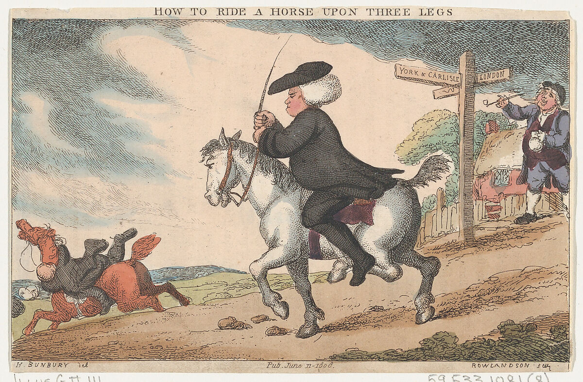 How to Ride a Horse Upon Three Legs, Thomas Rowlandson (British, London 1757–1827 London), Hand-colored etching 