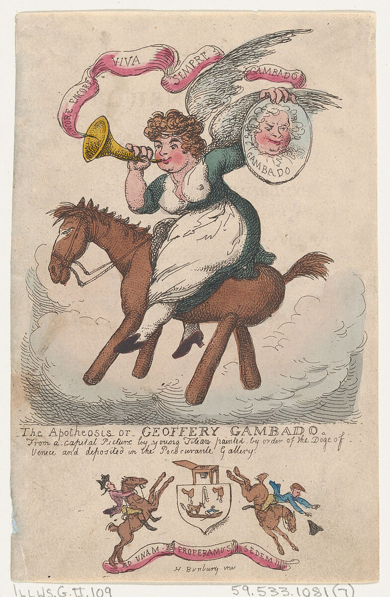 The Apotheosis, or, Geoffery Gambado, Thomas Rowlandson (British, London 1757–1827 London), Hand-colored etching 